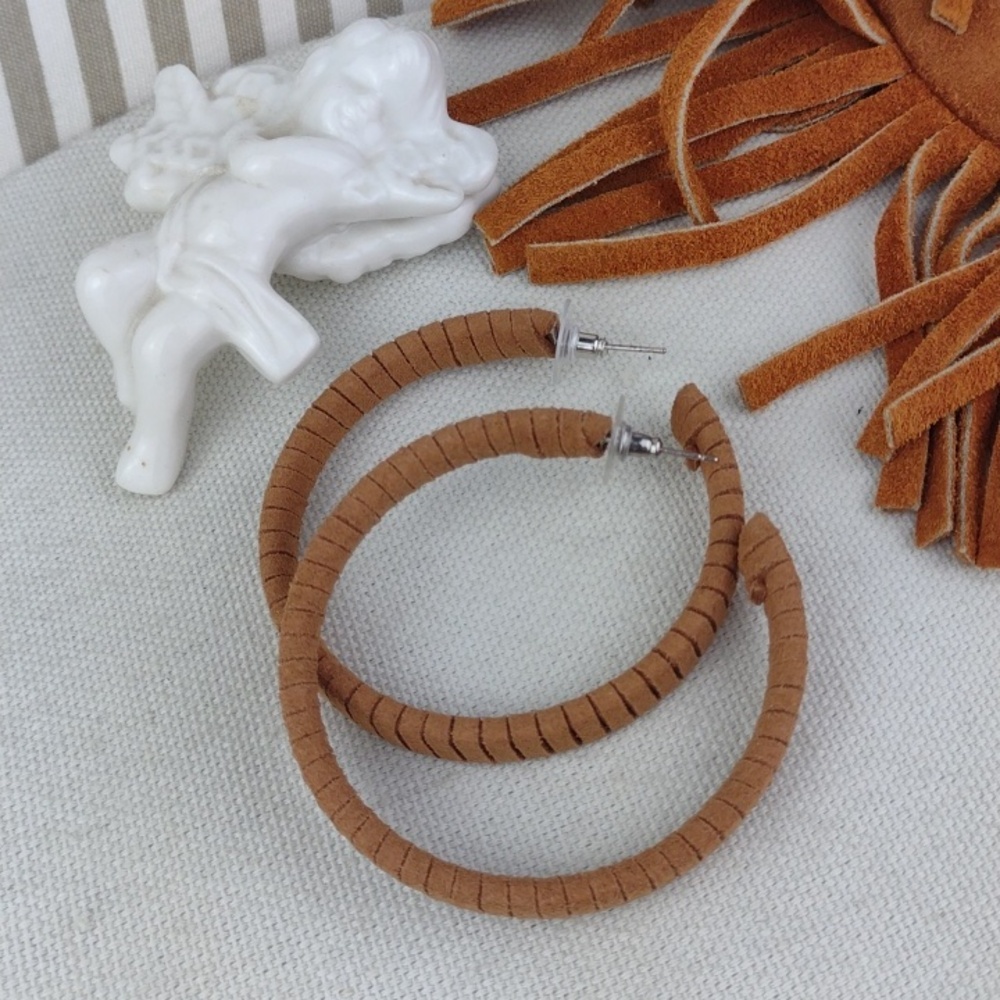 Brown Faux Leather Wrapped Hoop Earrings With Silver Hardware